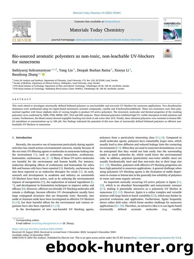 Bio-sourced aromatic polyesters as non-toxic, non-leachable UV-blockers for sunscreens by Sathiyaraj Subramaniyan & Yang Liu & Deepak Bushan Raina & Xiaoya Li & Baozhong Zhang