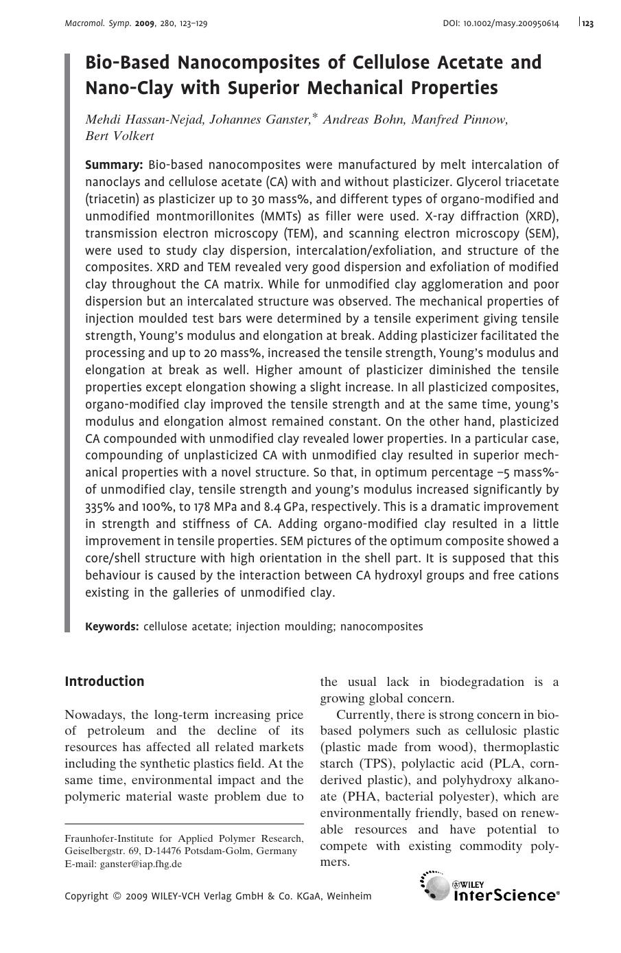 BioBased Nanocomposites of Cellulose Acetate and NanoClay with Superior Mechanical Properties by Unknown