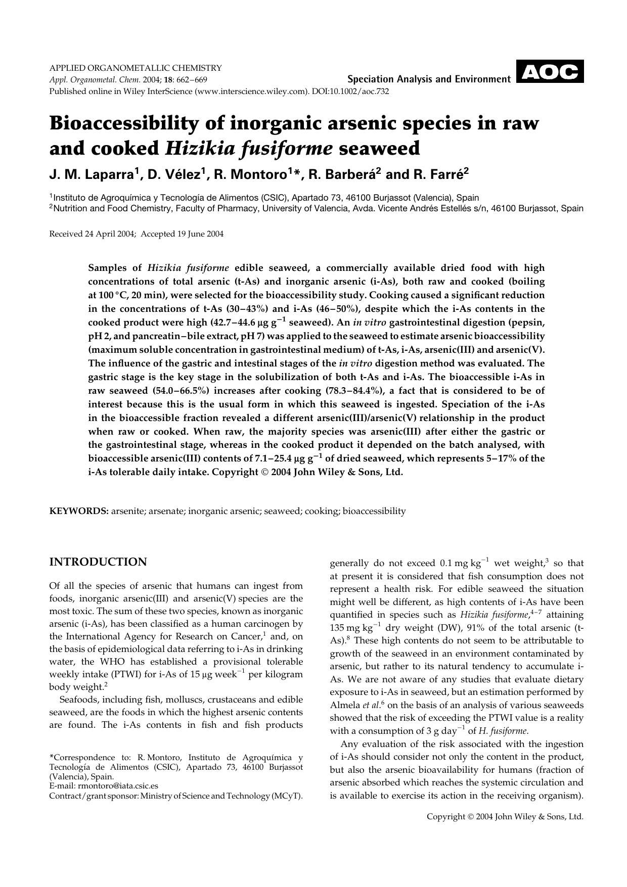 Bioaccessibility of inorganic arsenic species in raw and cooked Hizikia fusiforme seaweed by Unknown