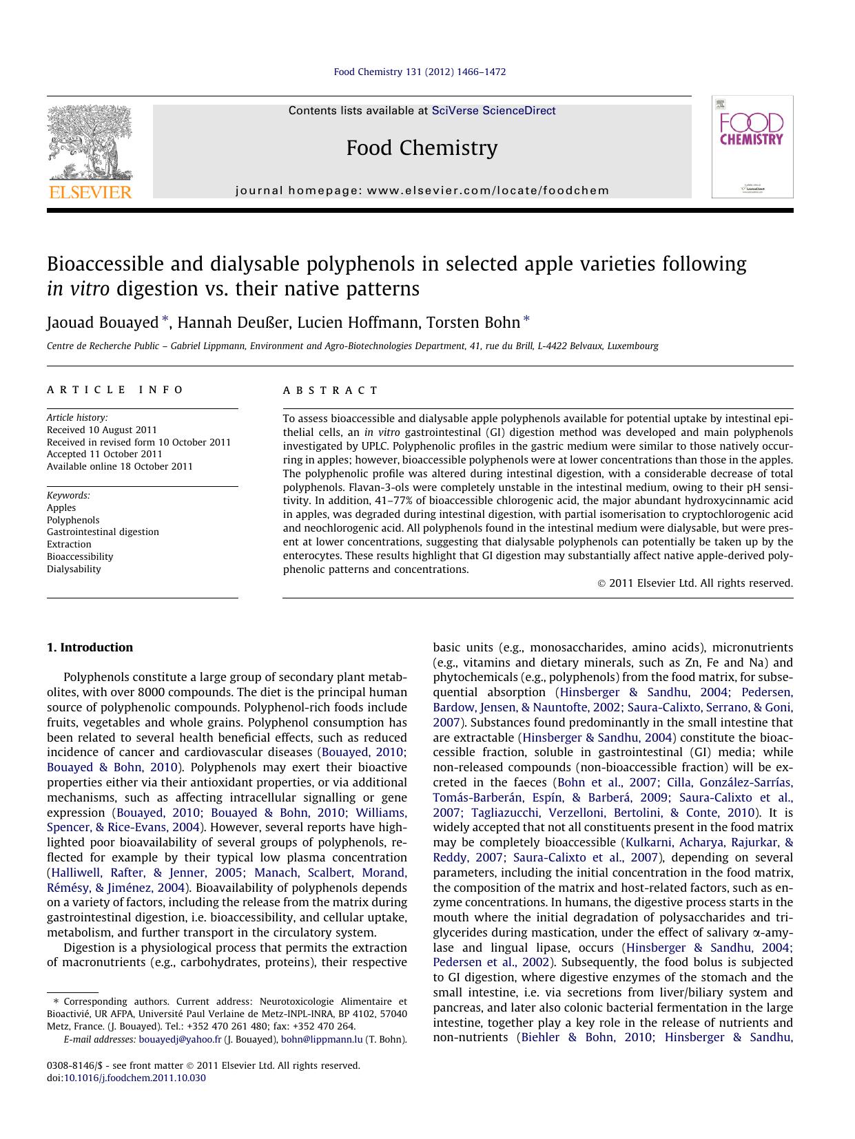Bioaccessible and dialysable polyphenols in selected apple varieties following in vitro digestion vs. their native patterns by Jaouad Bouayed & Hannah Deußer & Lucien Hoffmann & Torsten Bohn