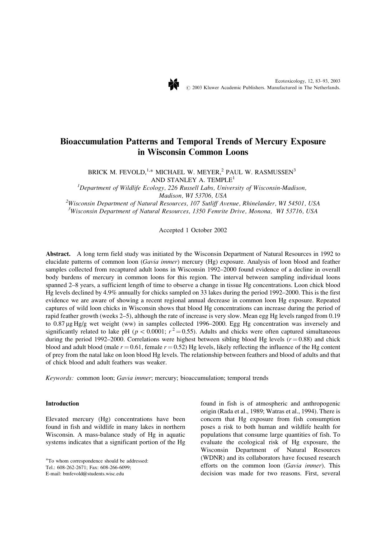 Bioaccumulation Patterns and Temporal Trends of Mercury Exposure in Wisconsin Common Loons by Unknown