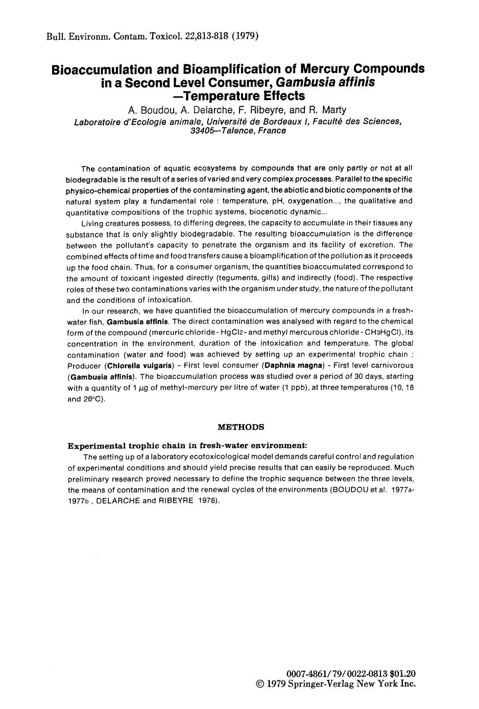 Bioaccumulation and bioamplification of mercury compounds in a second level consumer, <Emphasis Type="Italic">Gambusia affinis <Emphasis>-temperature effects by Unknown