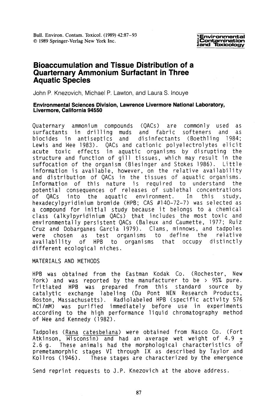 Bioaccumulation and tissue distribution of a quaternary ammonium surfactant in three aquatic species by Unknown