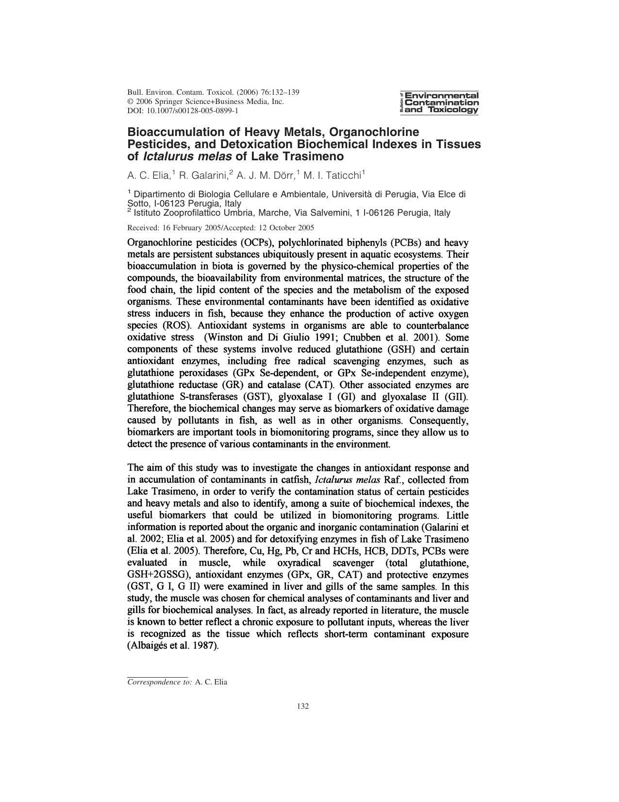 Bioaccumulation of Heavy Metals, Organochlorine Pesticides, and Detoxication Biochemical Indexes in Tissues of Ictalurus melas of Lake Trasimeno by Elia & A. C. et al