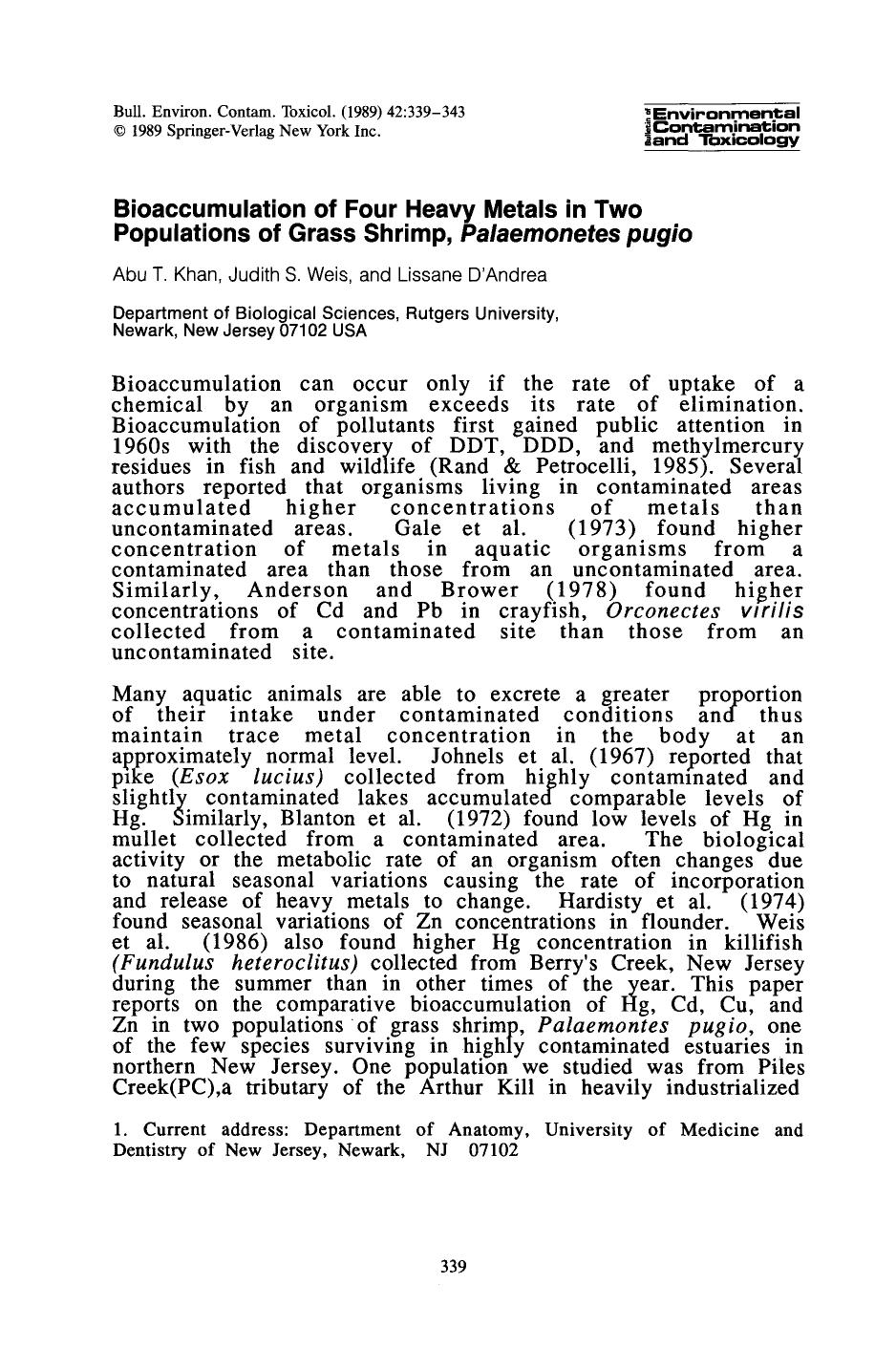 Bioaccumulation of four heavy metals in two populations of grass shrimp, <Emphasis Type="Italic">Palaemonetes pugio <Emphasis> by Unknown