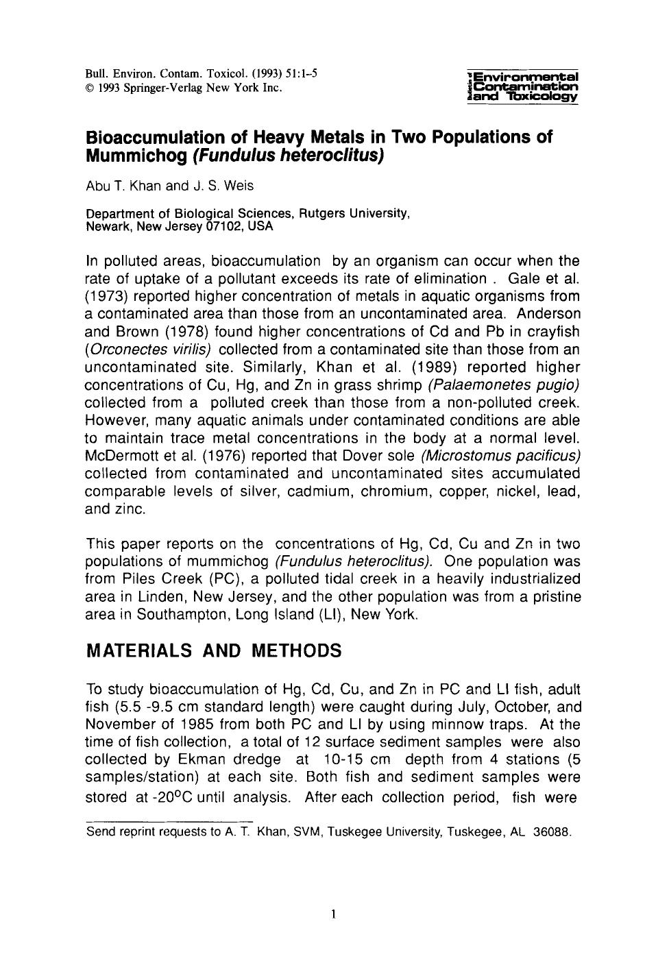 Bioaccumulation of heavy metals in two populations of mummichog (<Emphasis Type="Italic">Fundulus heteroclitus<Emphasis>) by Unknown