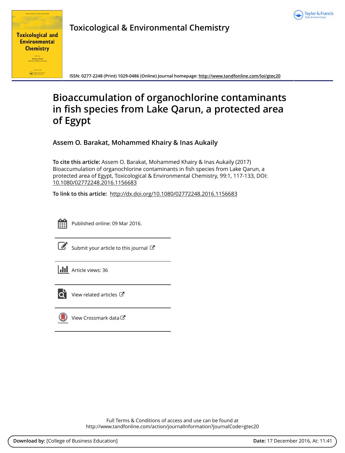 Bioaccumulation of organochlorine contaminants in fish species from Lake Qarun, a protected area of Egypt by Assem O. Barakat & Mohammed Khairy & Inas Aukaily