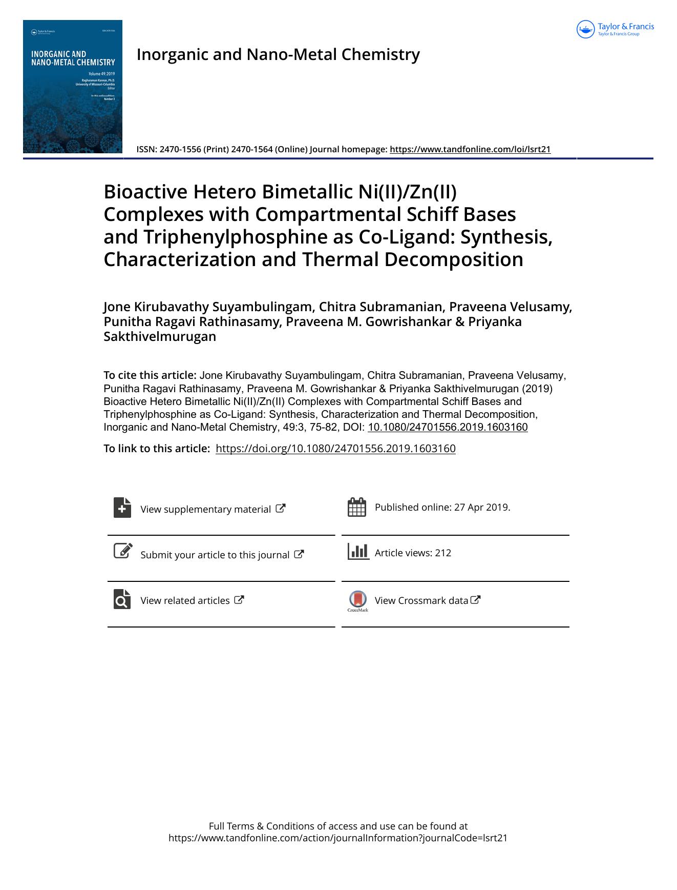 Bioactive Hetero Bimetallic Ni(II)Zn(II) Complexes with Compartmental Schiff Bases and Triphenylphosphine as Co-Ligand: Synthesis, Characterization and Thermal Decomposition by unknow