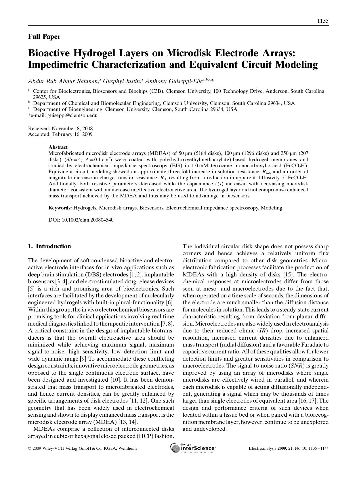 Bioactive Hydrogel Layers on Microdisk Electrode Arrays: Impedimetric Characterization and Equivalent Circuit Modeling by Unknown