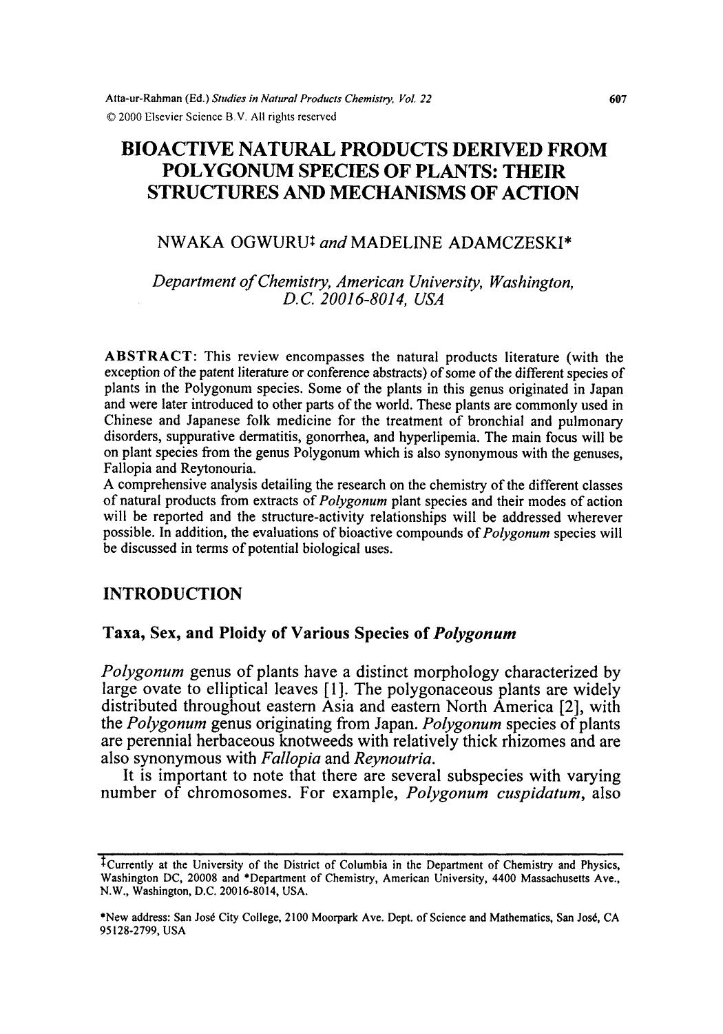 Bioactive Natural Products Derived from Polygonum Species of Plants: Their Structures and Mechanisms of Action by NWAKA OGWURU & MADELINE ADAMCZESKI