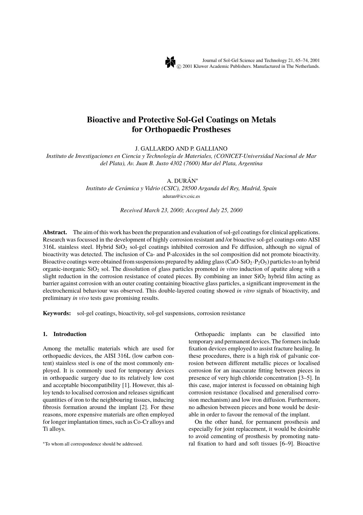 Bioactive and Protective Sol-Gel Coatings on Metals for Orthopaedic Prostheses by Unknown