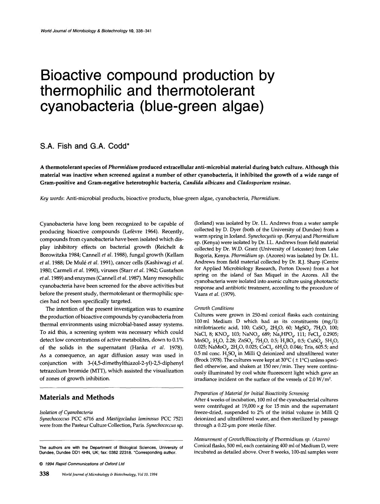 Bioactive compound production by thermophilic and thermotolerant cyanobacteria (blue-green algae) by Unknown