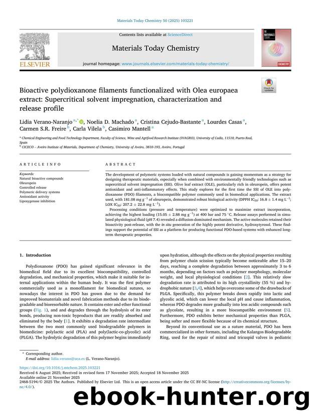 Bioactive polydioxanone filaments functionalized with Olea europaea extract: Supercritical solvent impregnation, characterization and release profile by unknow