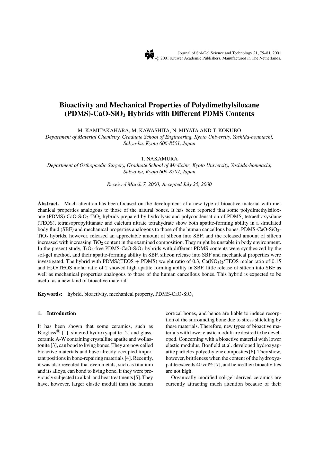 Bioactivity and Mechanical Properties of Polydimethylsiloxane (PDMS)-CaO-SiO2 Hybrids with Different PDMS Contents by Unknown
