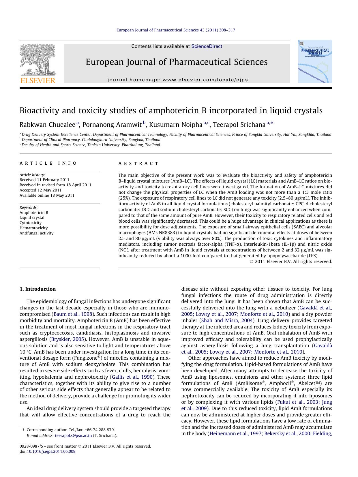 Bioactivity and toxicity studies of amphotericin B incorporated in liquid crystals by Rabkwan Chuealee & Pornanong Aramwit & Kusumarn Noipha & Teerapol Srichana