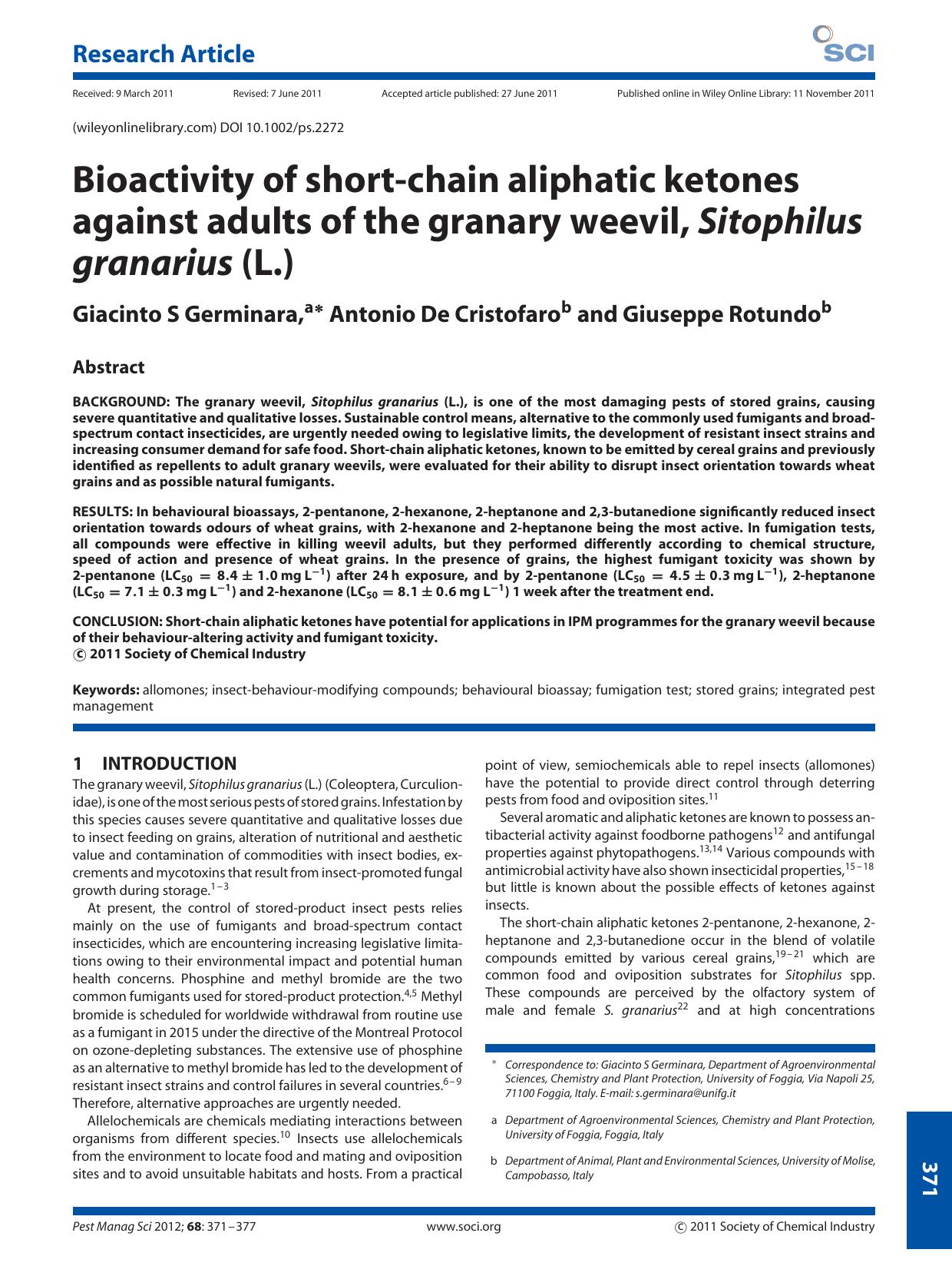 Bioactivity of shortchain aliphatic ketones against adults of the granary weevil, Sitophilus granarius (L.) by Unknown