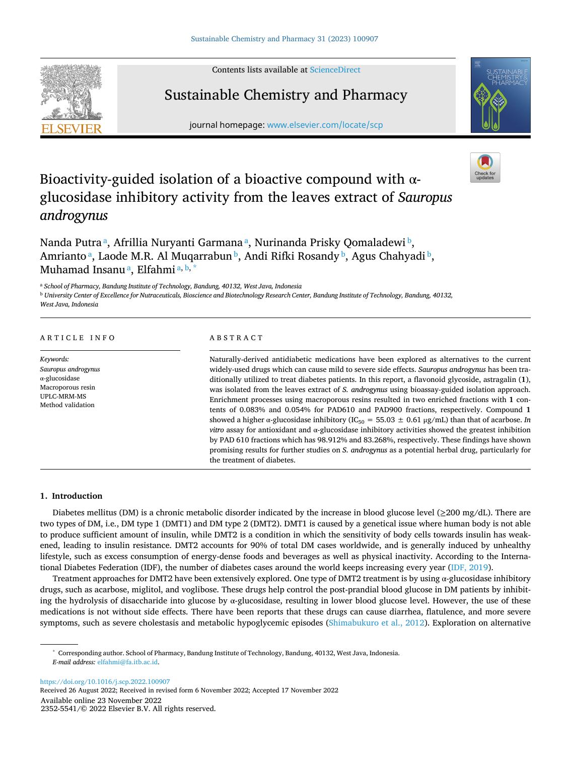 Bioactivity-guided isolation of a bioactive compound with ÃÂ±-glucosidase inhibitory activity from the leaves extract of Sauropus androgynus by Nanda Putra