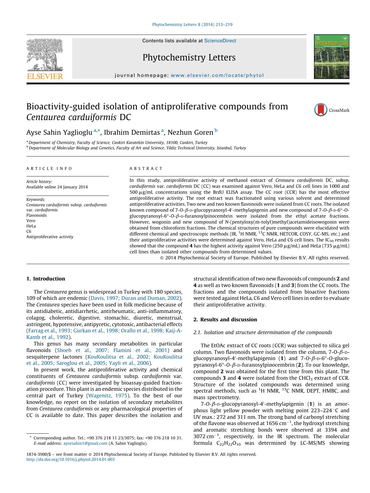 Bioactivity-guided isolation of antiproliferative compounds from Centaurea carduiformis DC by Ayse Sahin Yaglioglu & Ibrahim Demirtas & Nezhun Goren