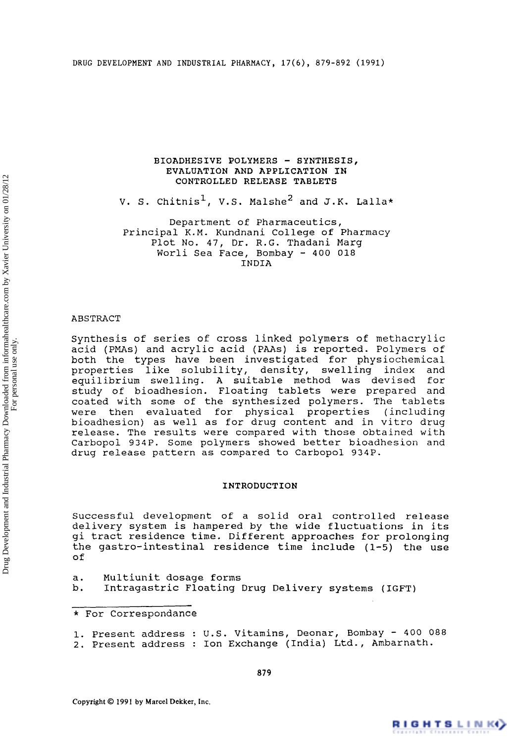 Bioadhesive Polymers - Synthesis, Evaluation and Application in Controlled Release Tablets by V. S. Chitnis V. S. Malshe & J. K. Lalla