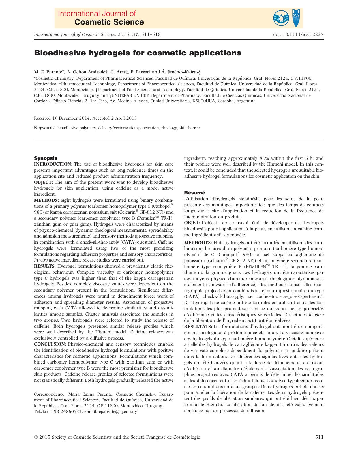 Bioadhesive hydrogels for cosmetic applications by Unknown