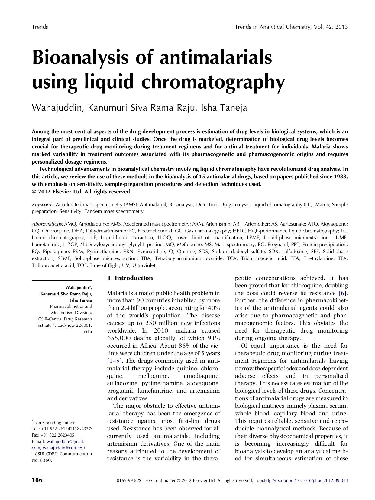 Bioanalysis of antimalarials using liquid chromatography by Wahajuddin & Kanumuri Siva Rama Raju & Isha Taneja