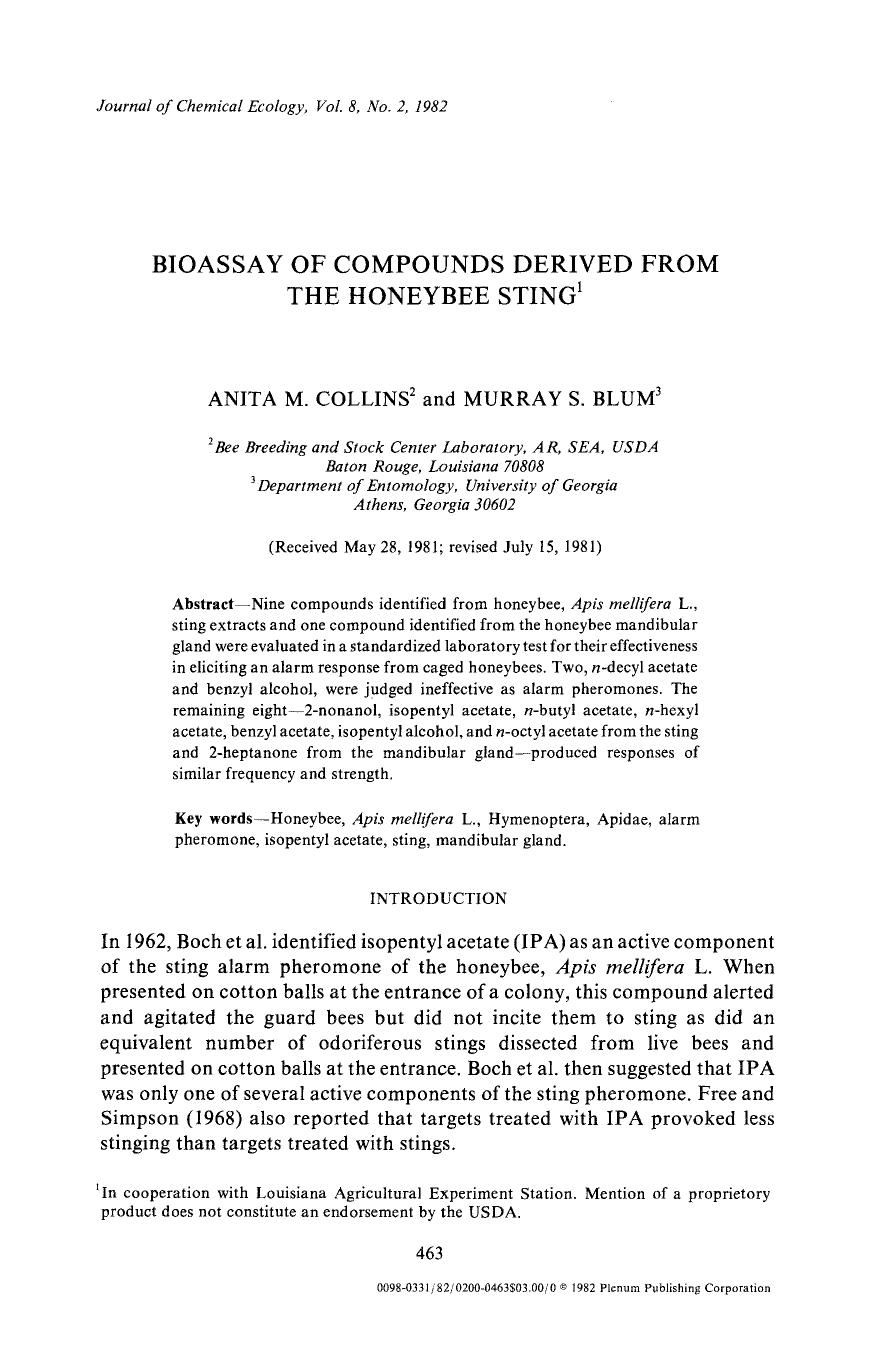 Bioassay of compounds derived from the honeybee sting by Unknown