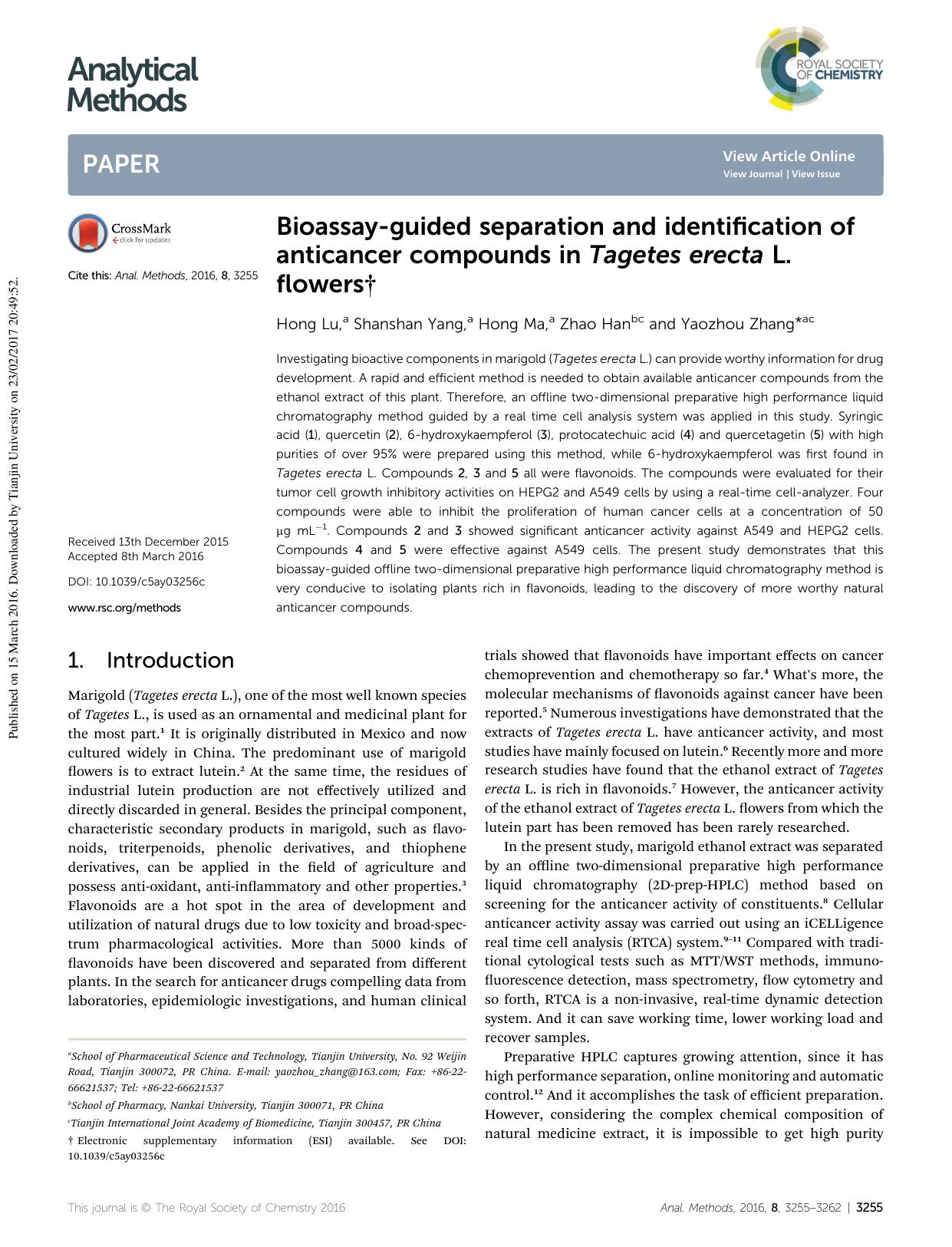Bioassay-guided separation and identification of anticancer compounds in Tagetes erecta L. flowers by Hong Lu & Shanshan Yang & Hong Ma & Zhao Han & Yaozhou Zhang