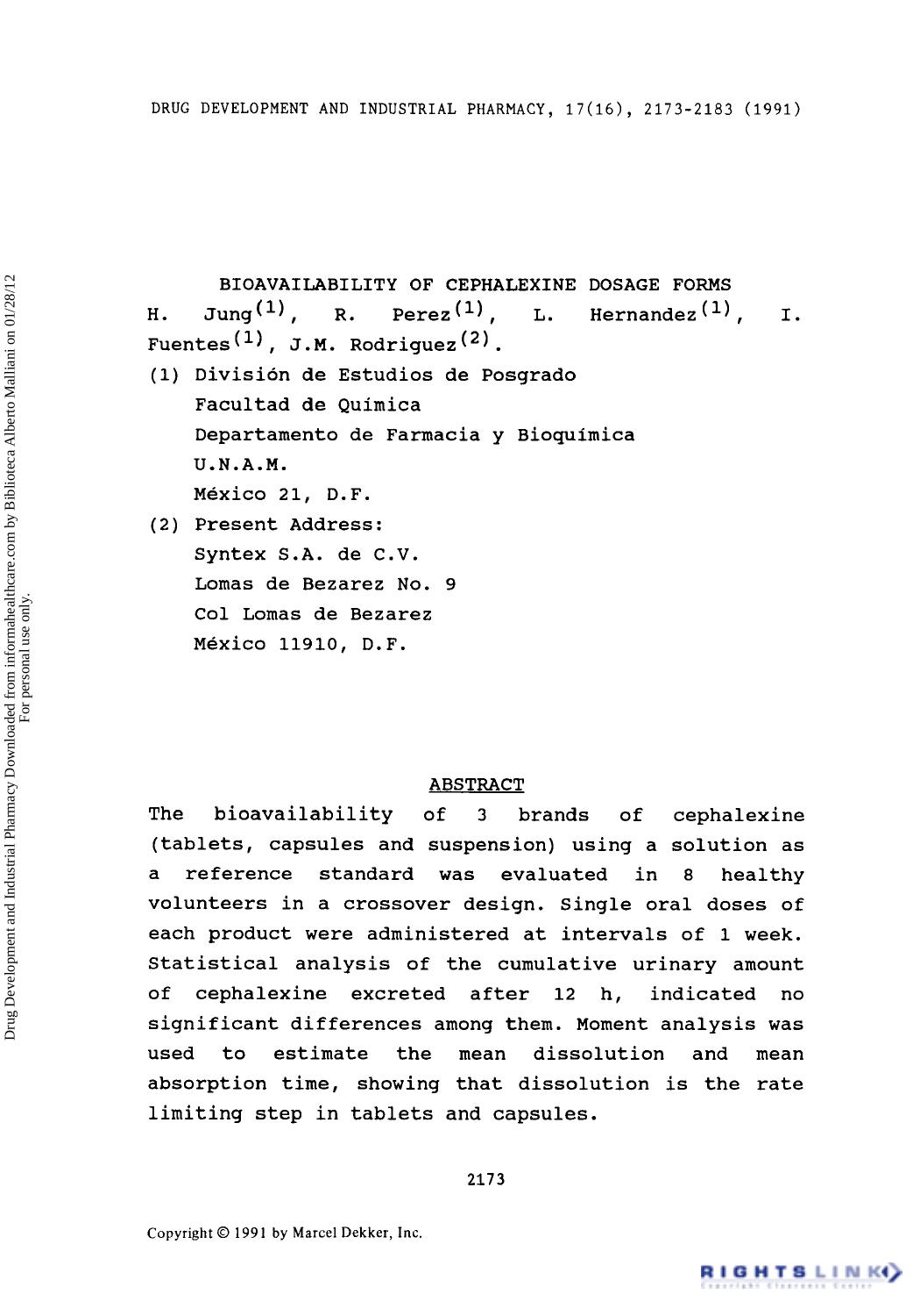 Bioavailability of Cephalexine Dosage Forms by H. Jung R. Perez L. Hernandez I. Fuentes & J. M. Rodriguez