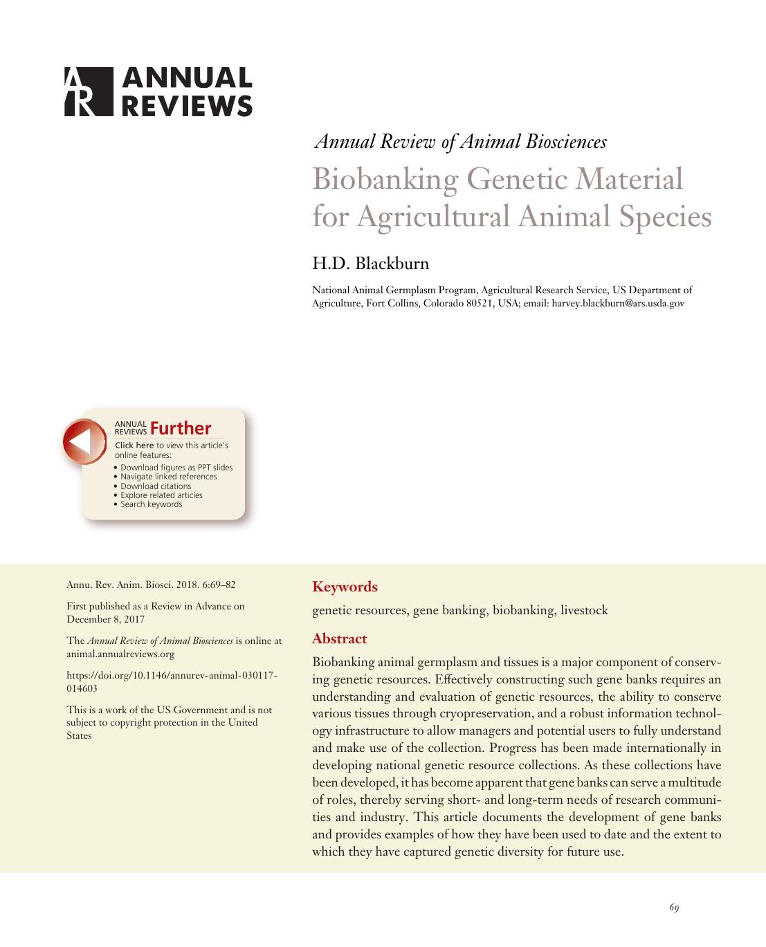 Biobanking Genetic Material for Agricultural Animal Species by H.D. Blackburn