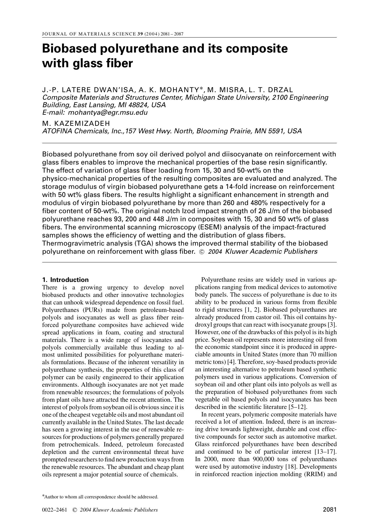 Biobased polyurethane and its composite with glass fiber by Unknown