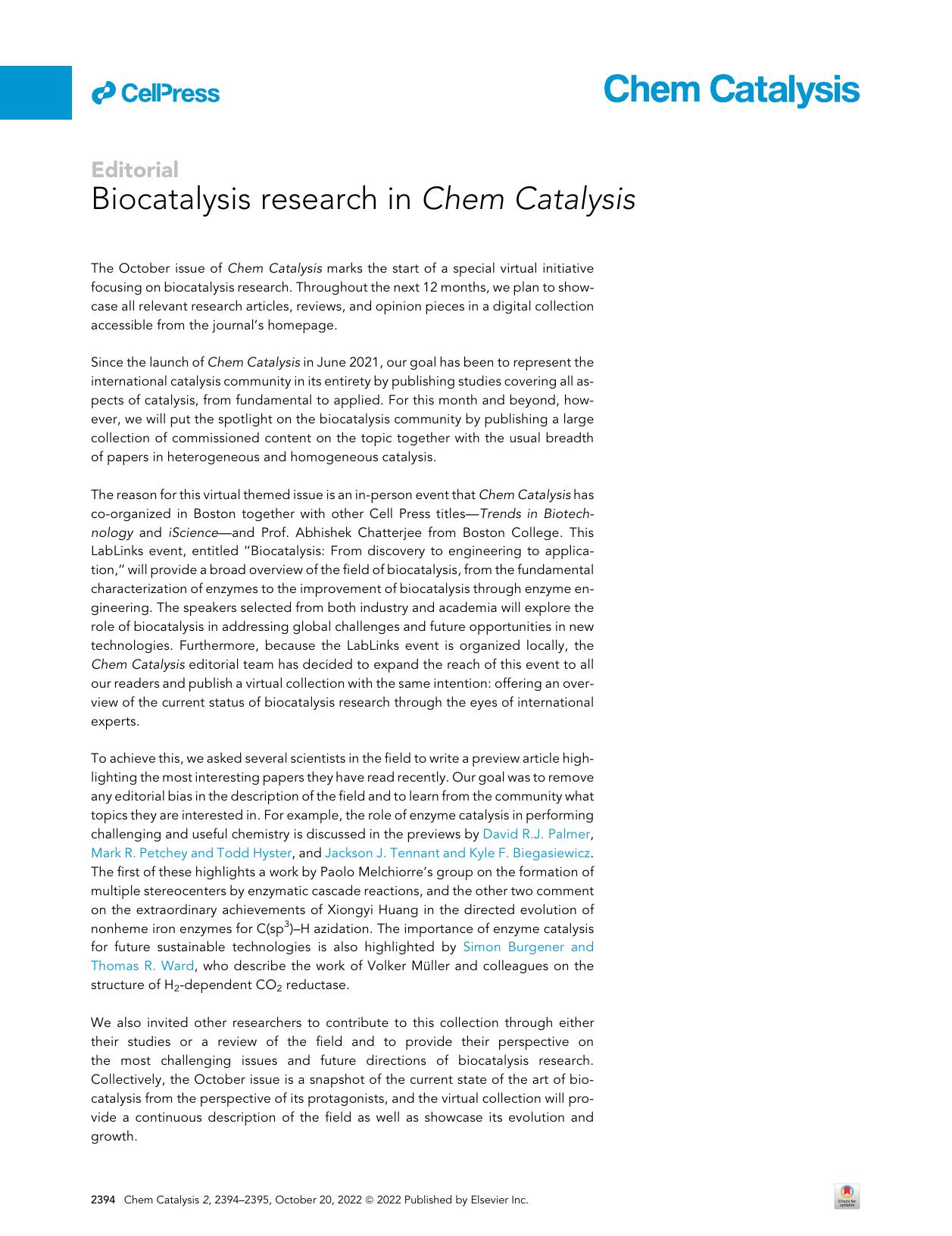 Biocatalysis research in Chem Catalysis by The Chem Catalysis editorial team