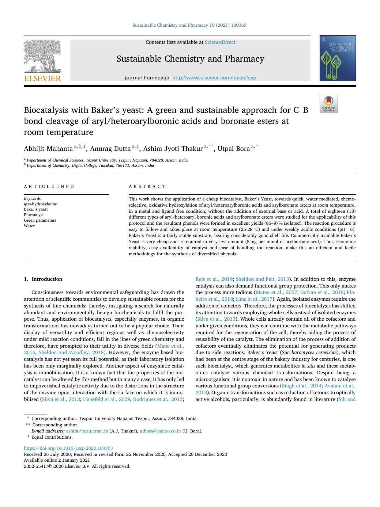Biocatalysis with Baker's yeast: A green and sustainable approach for CâB bond cleavage of arylheteroarylboronic acids and boronate esters at room temperature by Abhijit Mahanta & Anurag Dutta & Ashim Jyoti Thakur & Utpal Bora