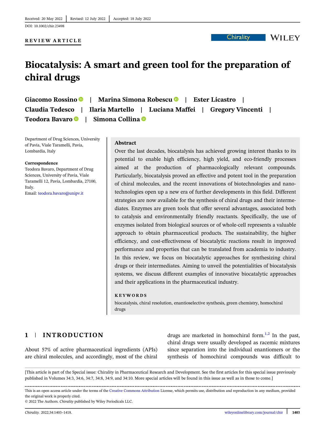 Biocatalysis: A smart and green tool for the preparation of chiral drugs by unknow
