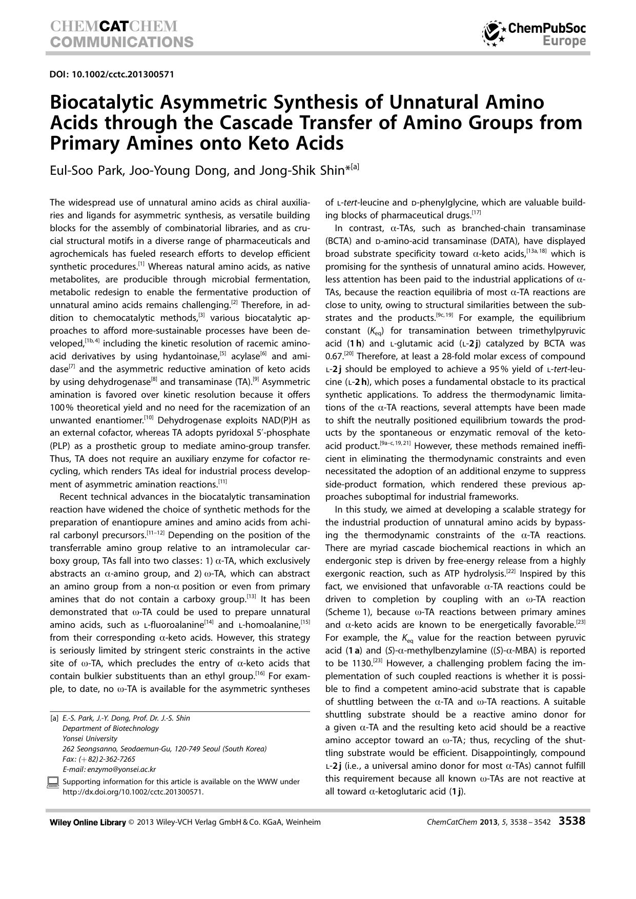Biocatalytic Asymmetric Synthesis of Unnatural Amino Acids through the Cascade Transfer of Amino Groups from Primary Amines onto Keto Acids by Unknown