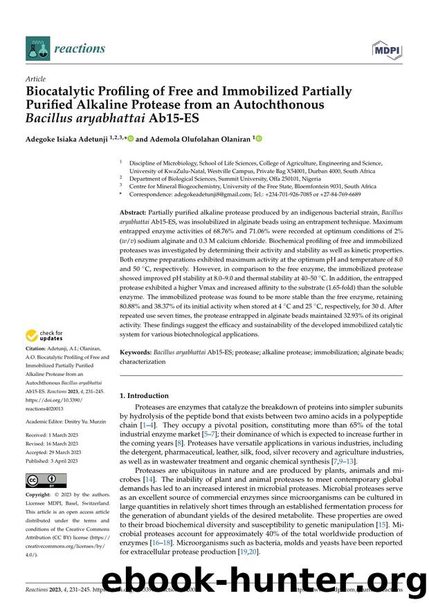 Biocatalytic Profiling of Free and Immobilized PartiallyPurified Alkaline Protease from an AutochthonousBacillus aryabhattai Ab15-ES by Adegoke Isiaka Adetunji & Ademola Olufolahan Olaniran