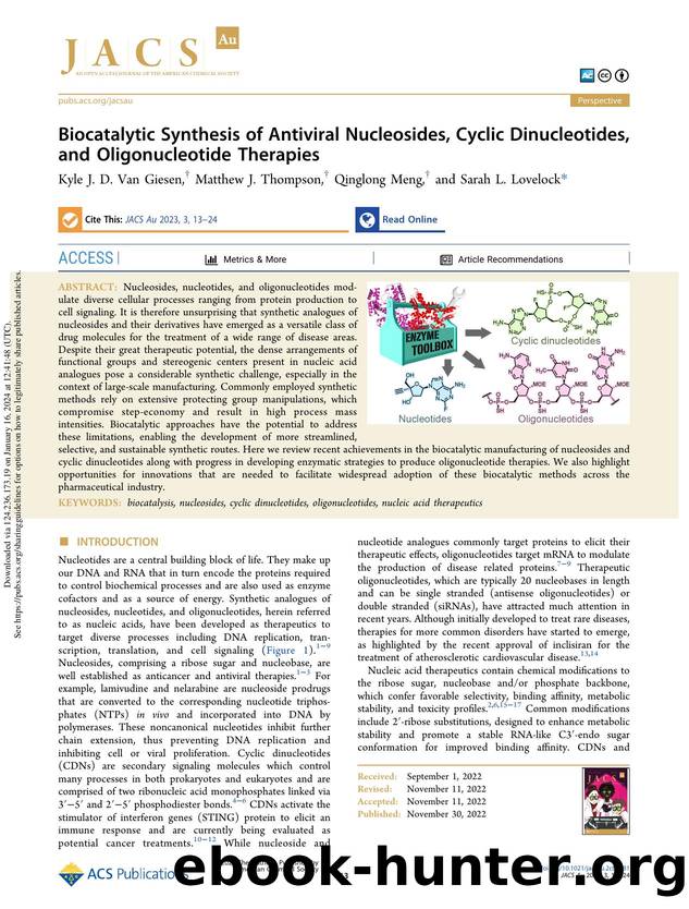 Biocatalytic Synthesis of Antiviral Nucleosides, Cyclic Dinucleotides, and Oligonucleotide Therapies by Kyle J. D. Van Giesen Matthew J. Thompson Qinglong Meng & Sarah L. Lovelock