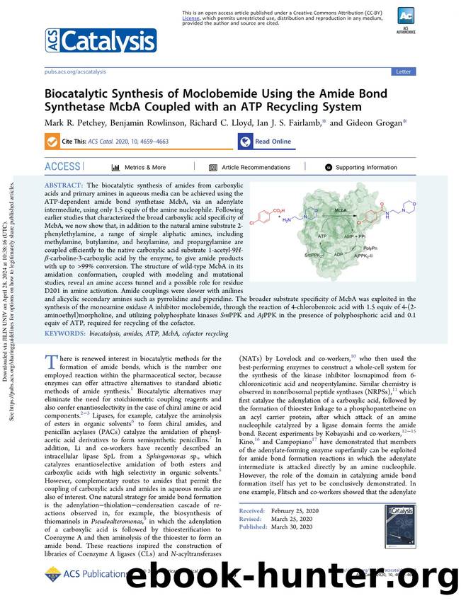 Biocatalytic Synthesis of Moclobemide Using the Amide Bond Synthetase McbA Coupled with an ATP Recycling System by Mark R. Petchey Benjamin Rowlinson Richard C. Lloyd Ian J. S. Fairlamb & Gideon Grogan