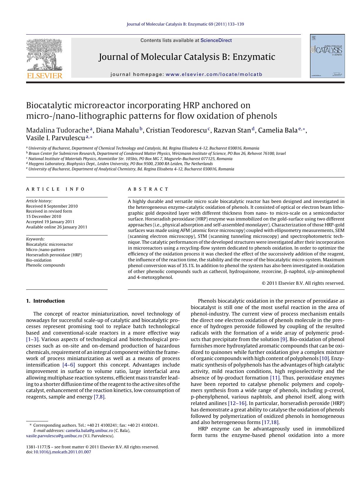 Biocatalytic microreactor incorporating HRP anchored on micro-nano-lithographic patterns for flow oxidation of phenols by Madalina Tudorache