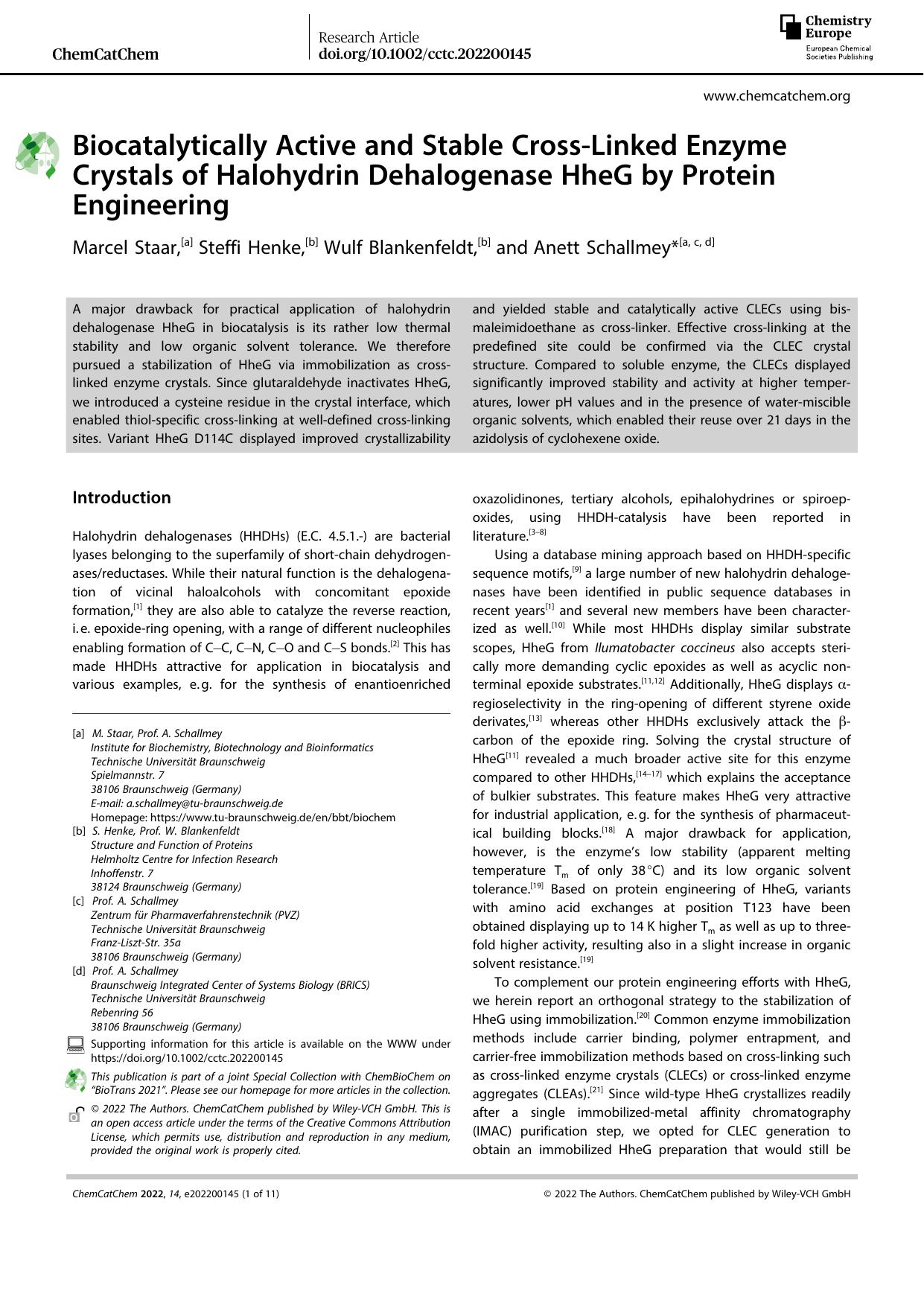 Biocatalytically Active and Stable CrossâLinked Enzyme Crystals of Halohydrin Dehalogenase HheG by Protein Engineering by Unknown