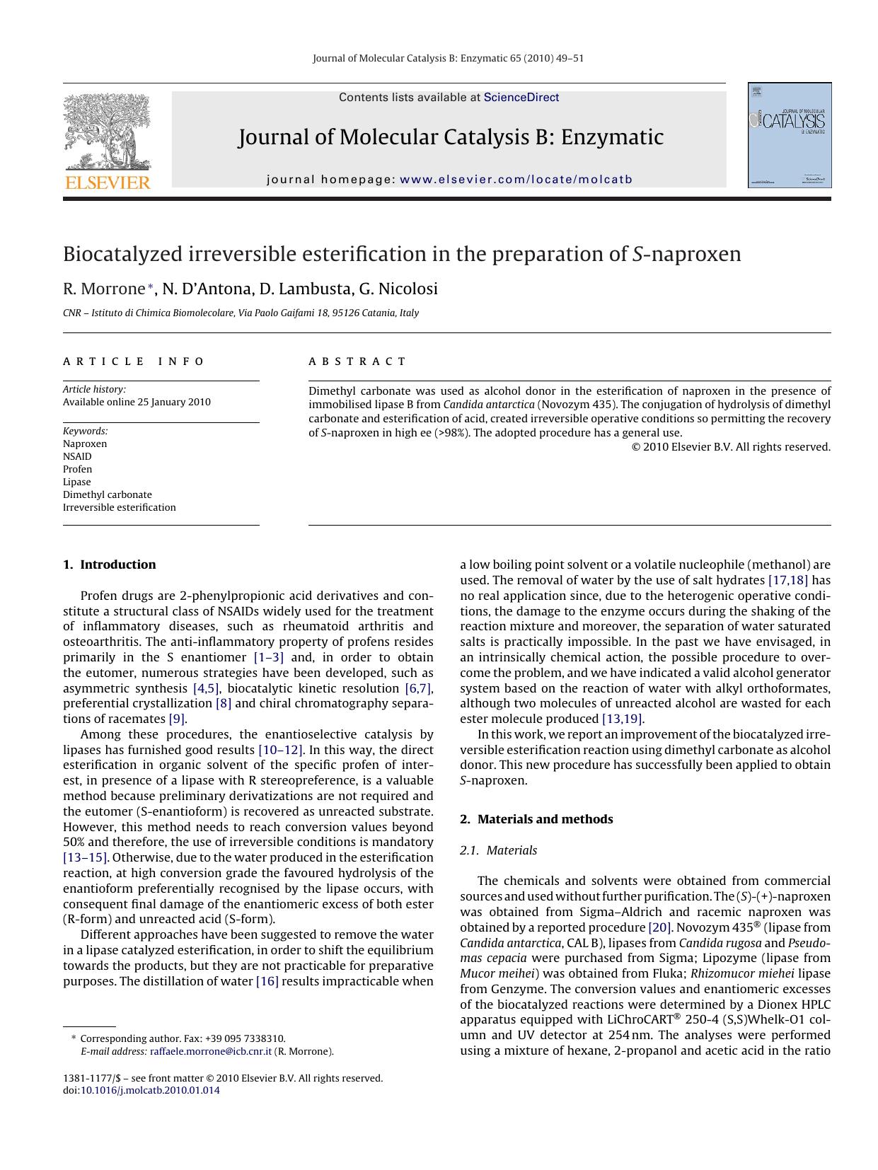 Biocatalyzed irreversible esterification in the preparation of S-naproxen by R. Morrone; N. Dâ€™Antona; D. Lambusta; G. Nicolosi