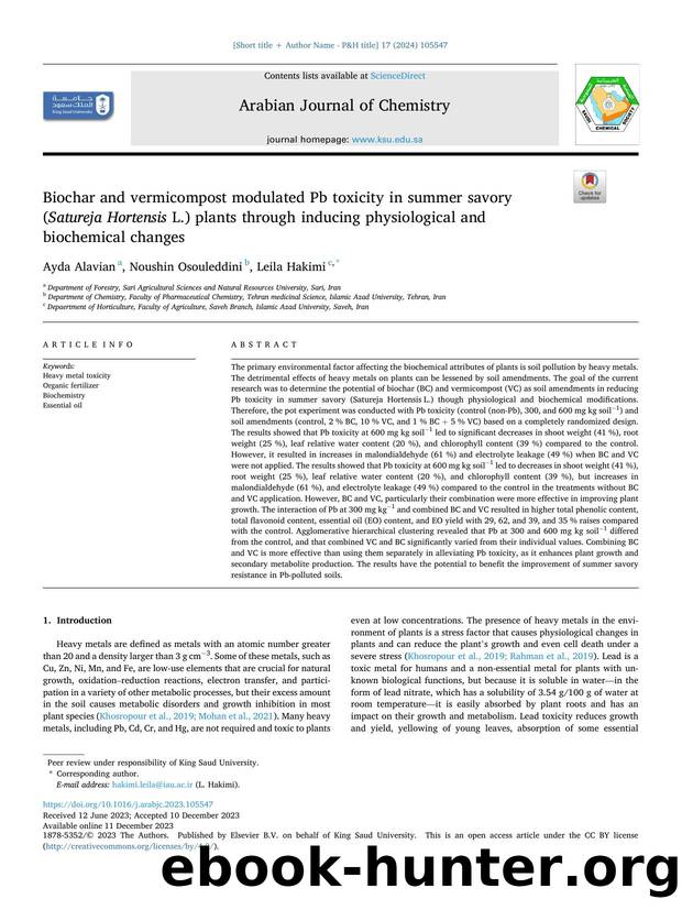 Biochar and vermicompost modulated Pb toxicity in summer savory ( Satureja Hortensis L.) plants through inducing physiological and biochemical changes by Ayda Alavian & Noushin Osouleddini & Leila Hakimi