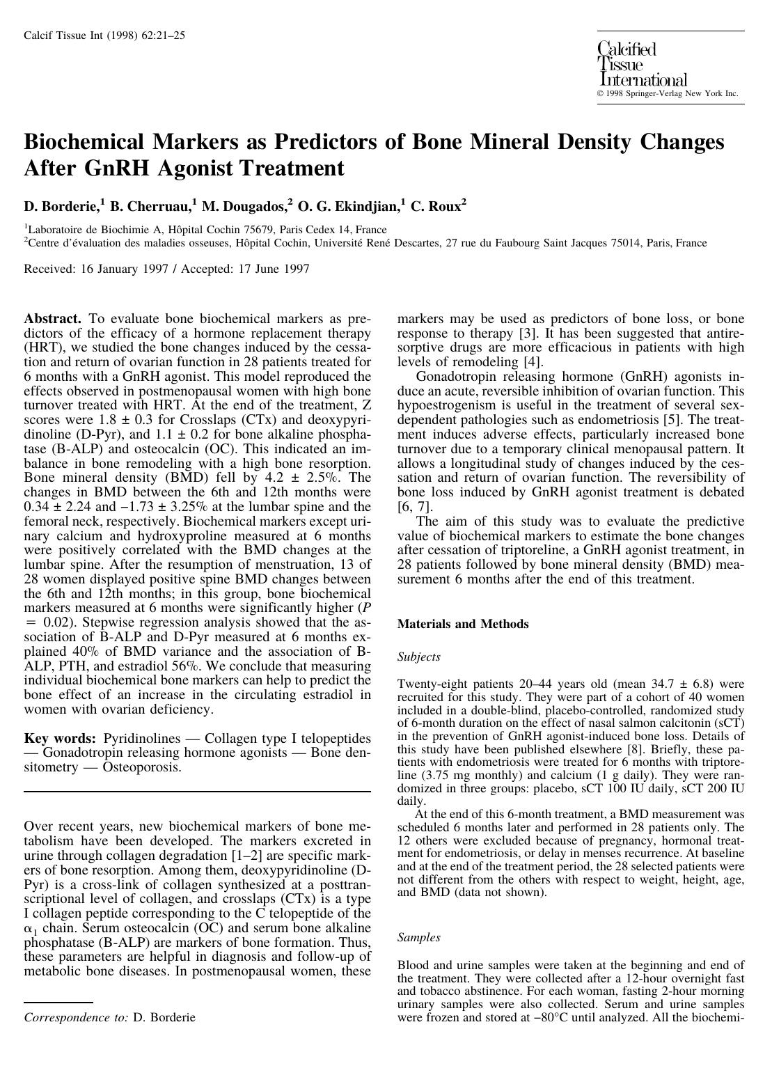 Biochemical Markers as Predictors of Bone Mineral Density Changes After GnRH Agonist Treatment by Borderie D. et al