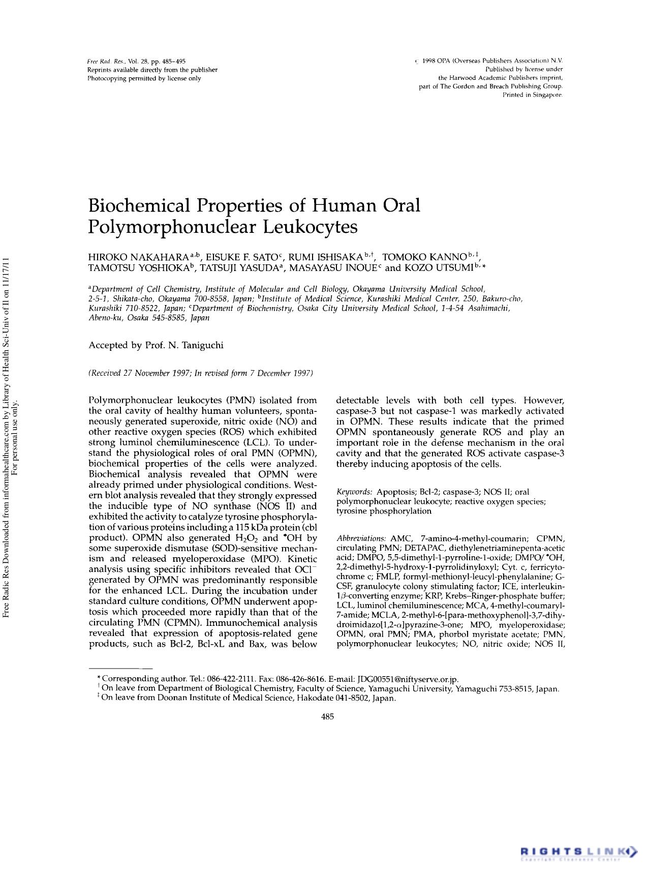 Biochemical Properties of Human Oral Polymorphonuclear Leukocytes by unknow