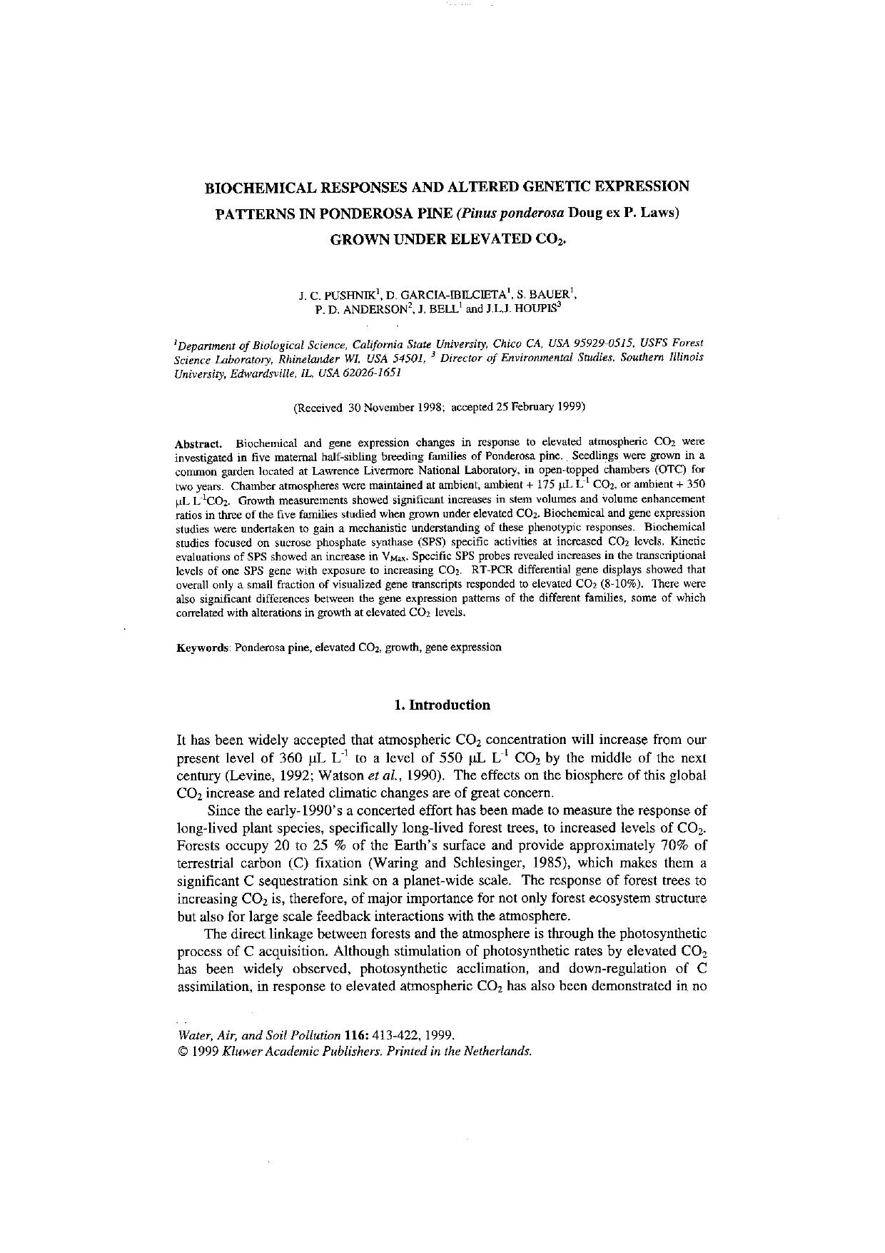 Biochemical Responses and Altered Genetic Expression Patterns in Ponderosa Pine (Pinus ponderosa Doug ex P. Laws) Grown Under Elevated CO2 by Unknown