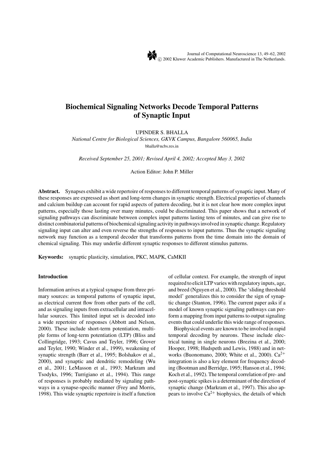 Biochemical Signaling Networks Decode Temporal Patterns of Synaptic Input by Unknown