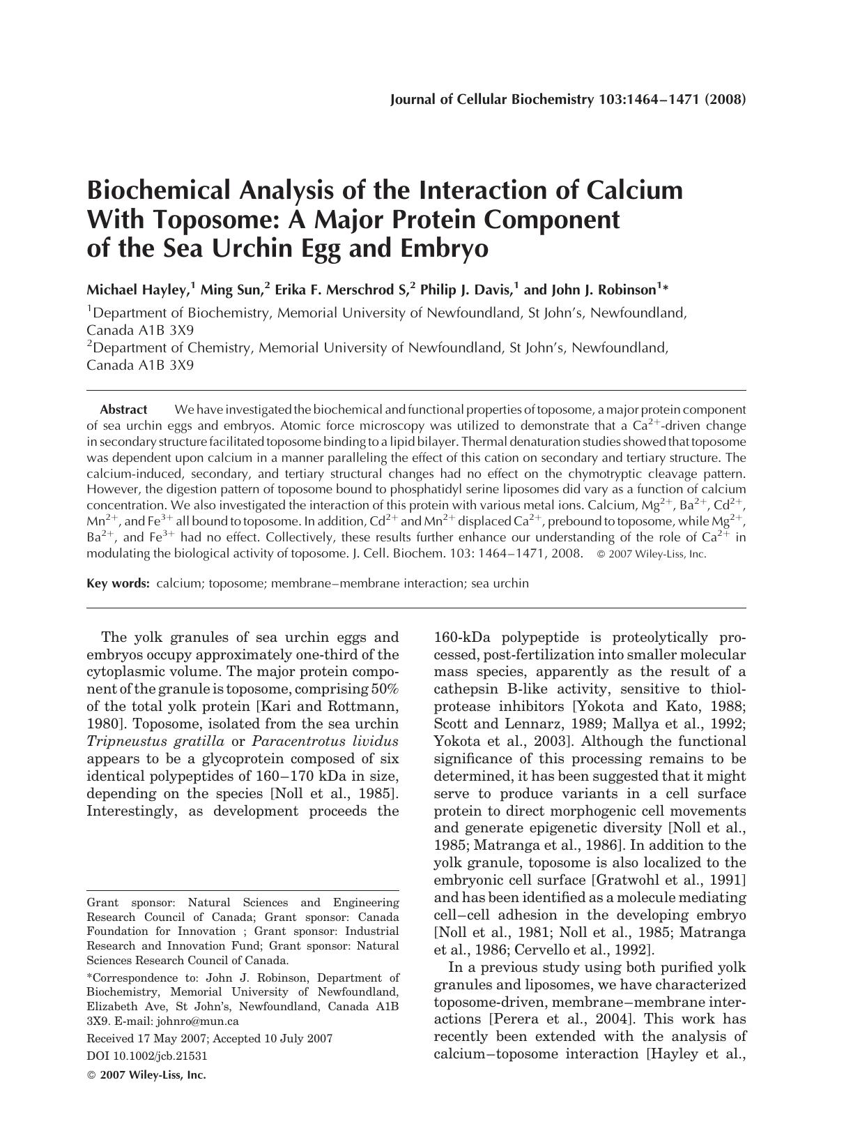 Biochemical analysis of the interaction of calcium with toposome: A major protein component of the sea urchin egg and embryo by Unknown