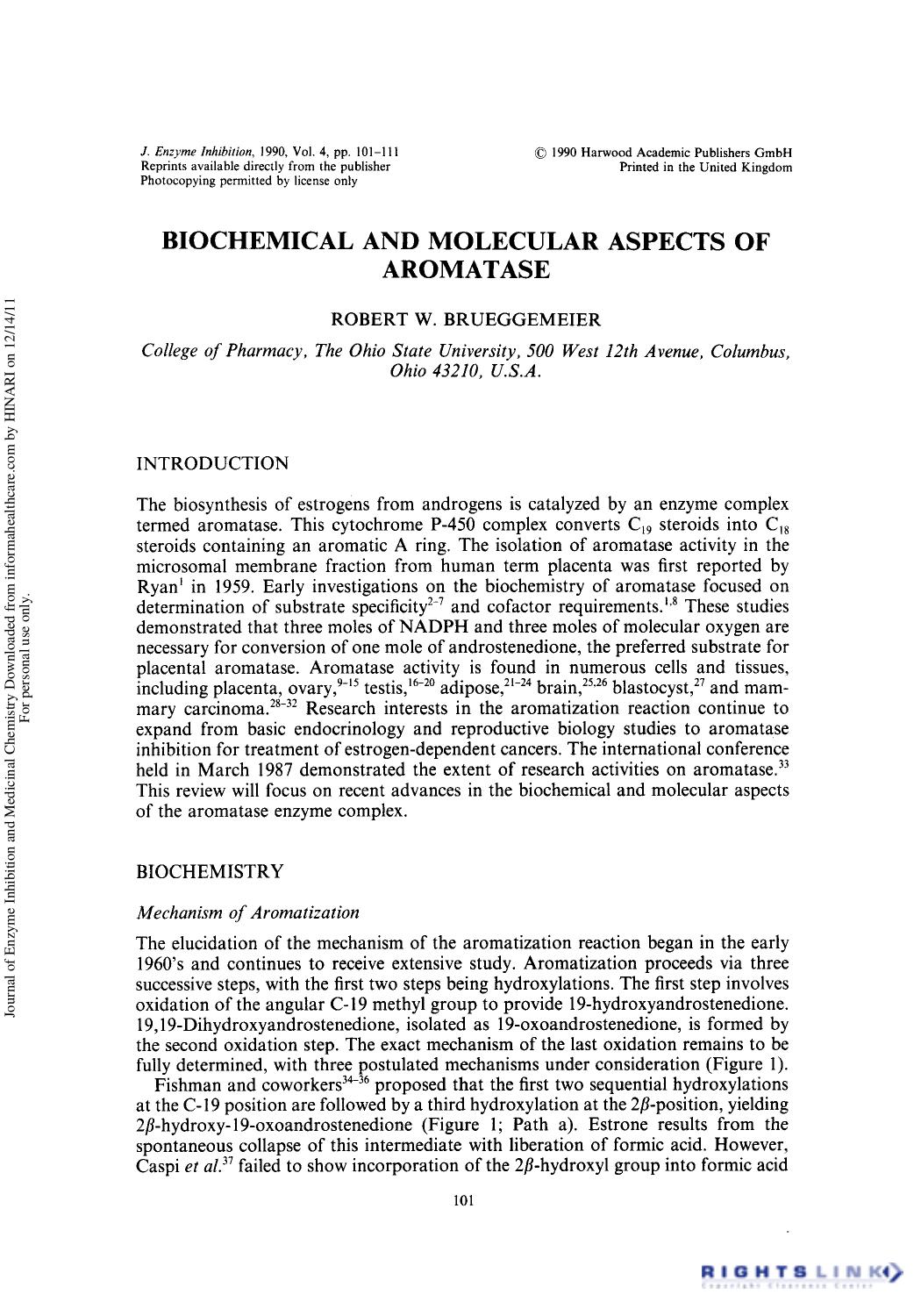 Biochemical and Molecular Aspects of Aromatase by Robert W. Brueggemeier