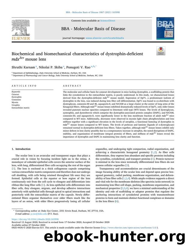 Biochemical and biomechanical characteristics of dystrophin-deficient mdx 3cv mouse lens by Shruthi Karnam & Nikolai P. Skiba & Ponugoti V. Rao