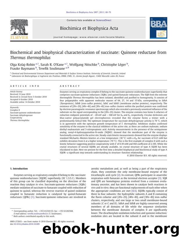Biochemical and biophysical characterization of succinate: Quinone reductase from Thermus thermophilus by Olga Kolaj-Robin