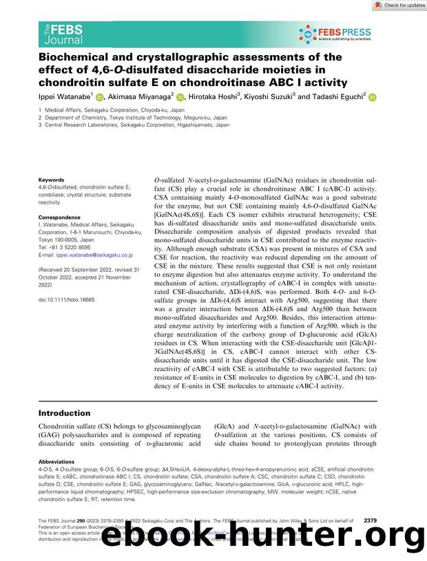 Biochemical and crystallographic assessments of the effect of 4,6âOâdisulfated disaccharide moieties in chondroitin sulfate E on chondroitinase ABC I activity by Unknown